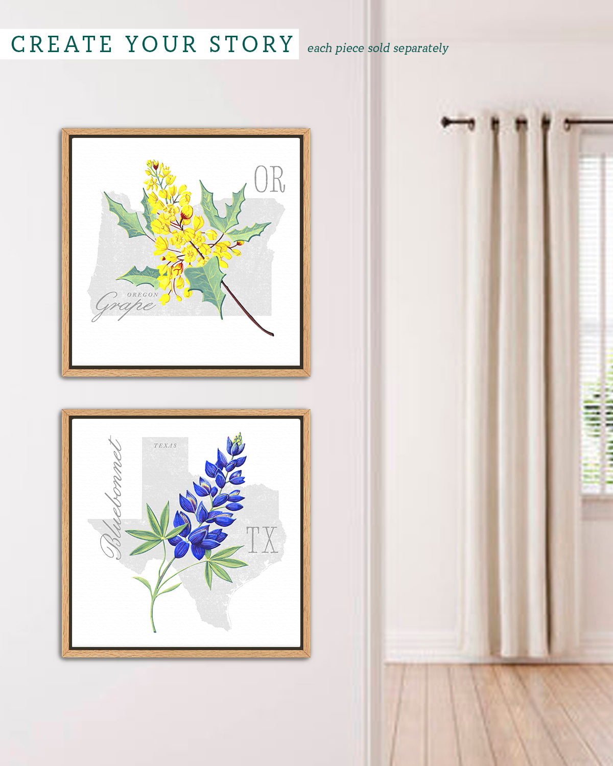 Texas (Bluebonnet) state flower fine art print, classic botanical style on white background. Oak frame available.