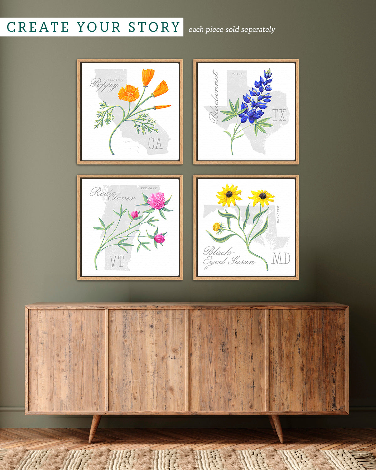 Vermont (Red Clover) state flower fine art print, classic botanical style on white background. Oak frame available.