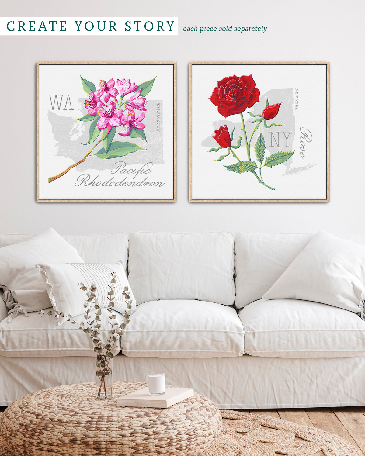Washington (Pacific Rhododendron) state flower fine art print, classic botanical style on white background. Oak frame available.