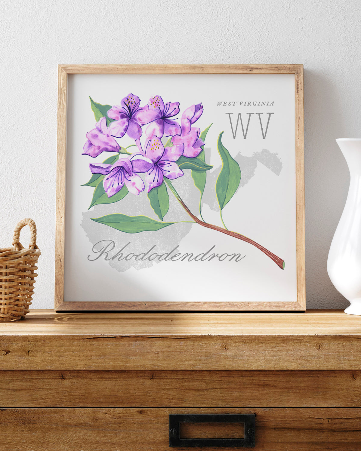 West Virginia (Rhododendron) state flower fine art print, classic botanical style on white background. Oak frame available.