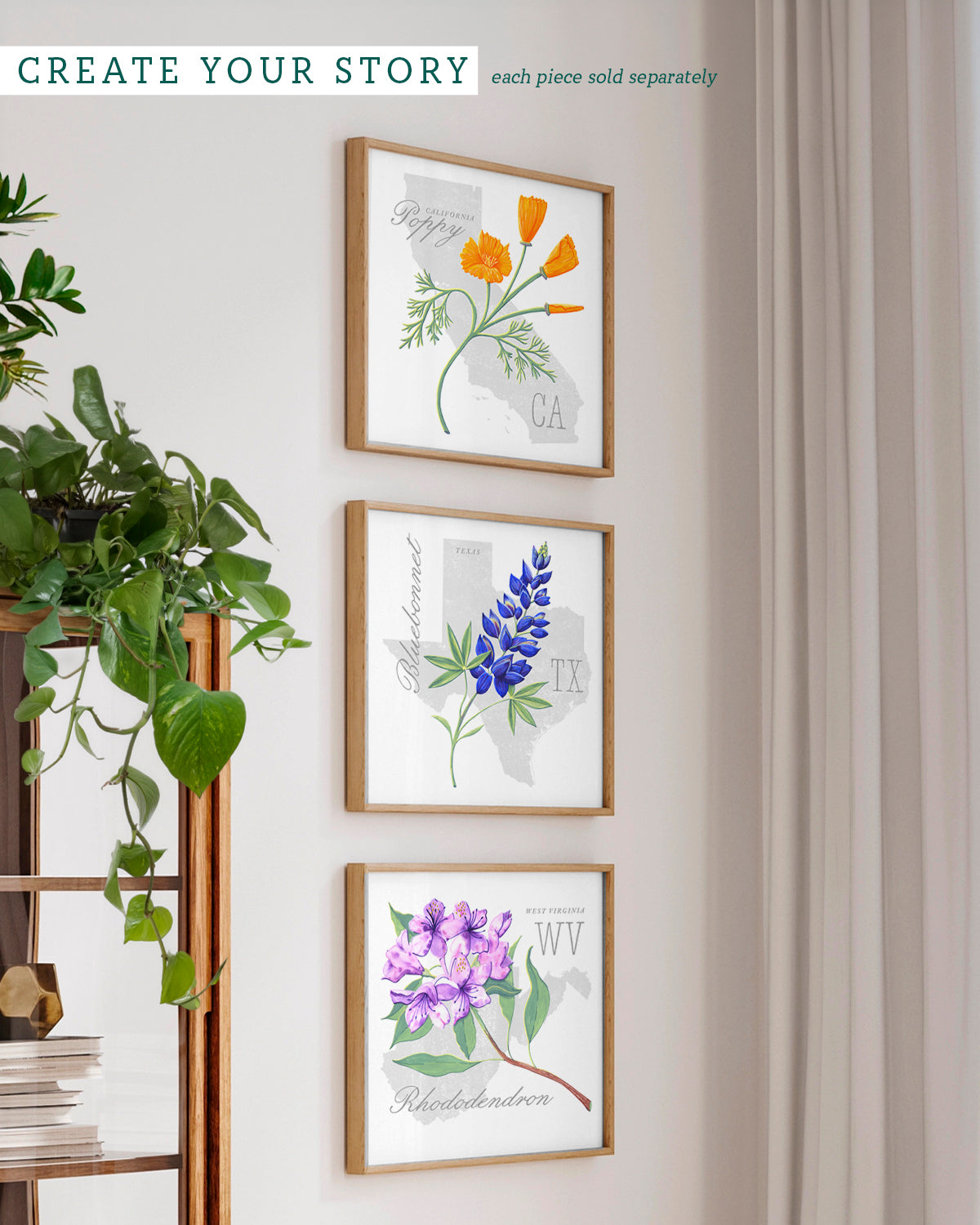 West Virginia (Rhododendron) state flower fine art print, classic botanical style on white background. Oak frame available.