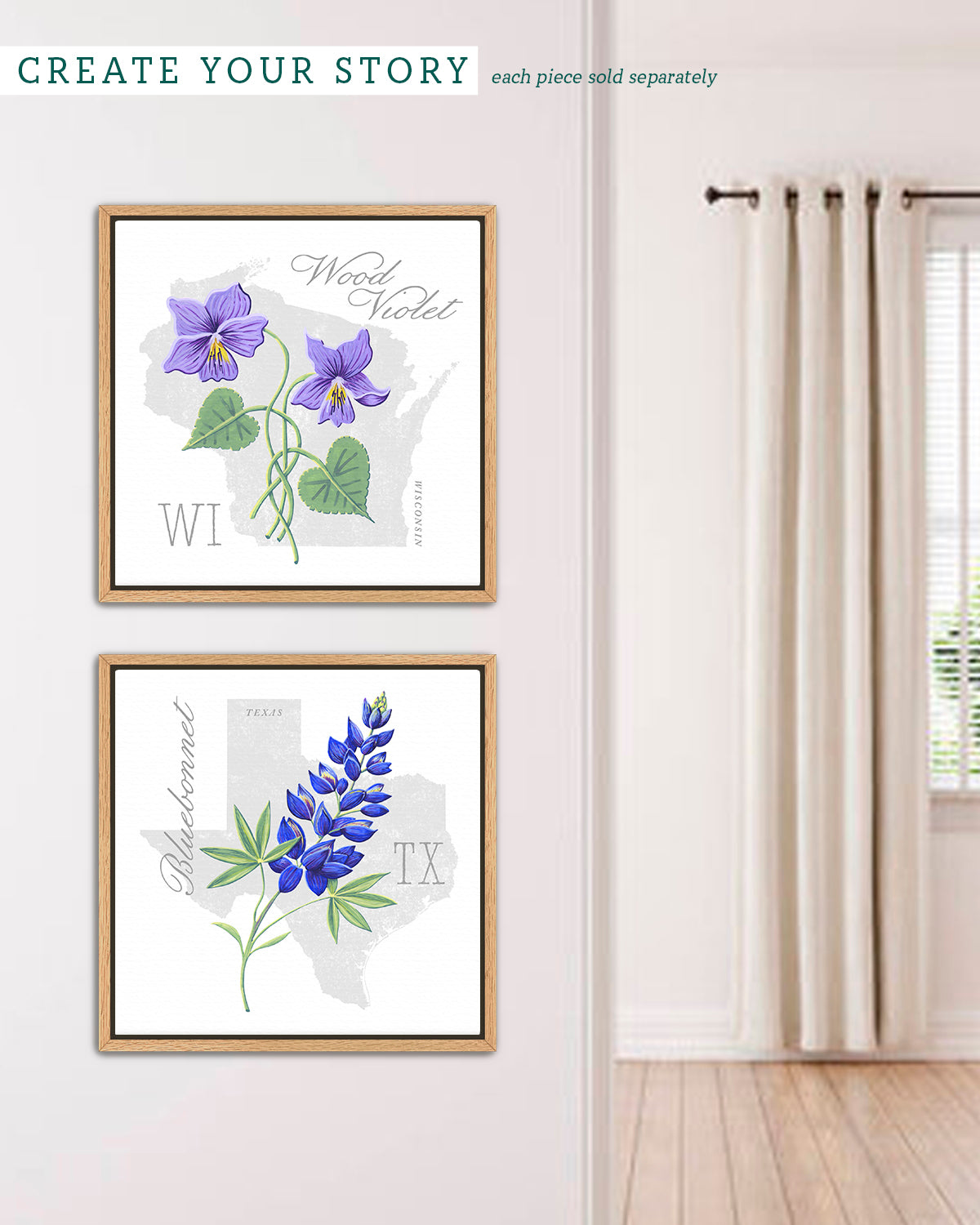Wisconsin (Wood Violet) state flower fine art print, classic botanical style on white background. Oak frame available.