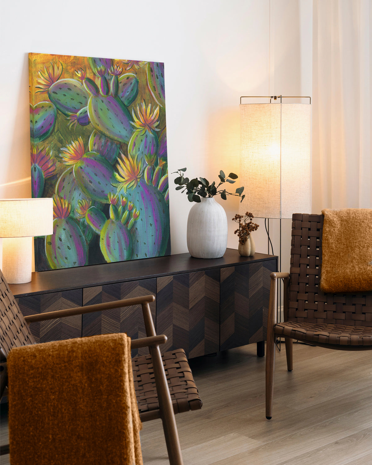 Flowering Cacti No. 001 framed canvas art print featuring flowering cacti.