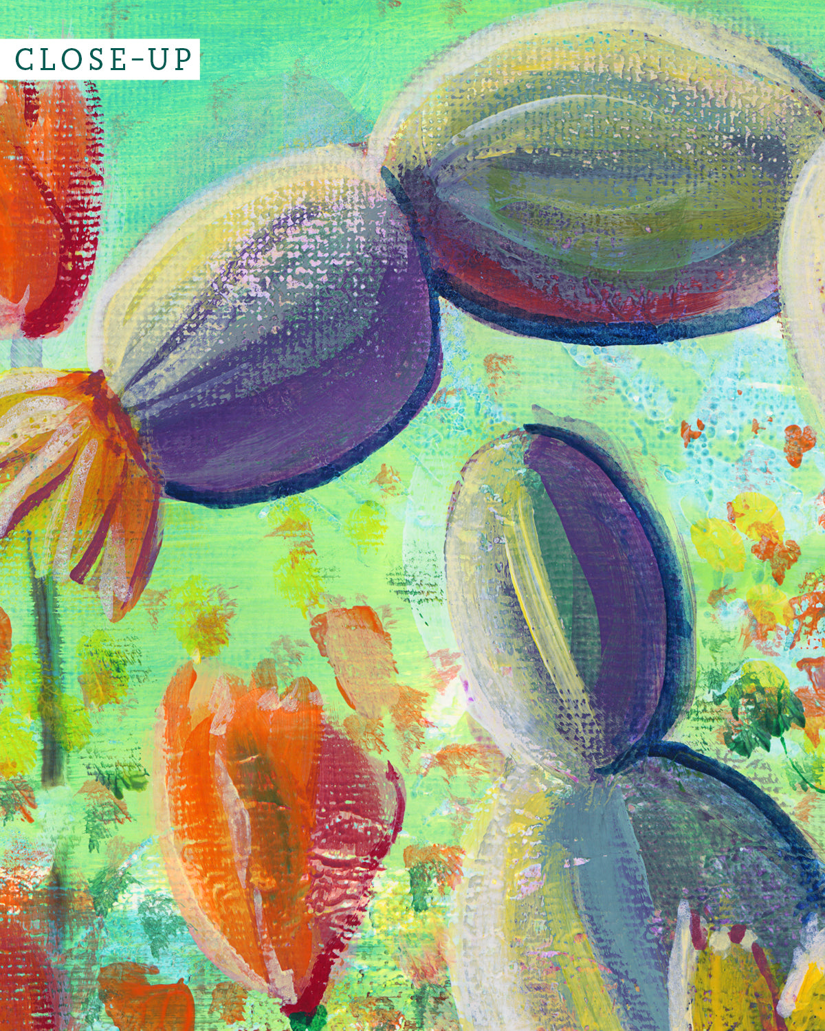 Close up of Flowering Cacti No. 002 art print featuring flowering cacti and poppies.