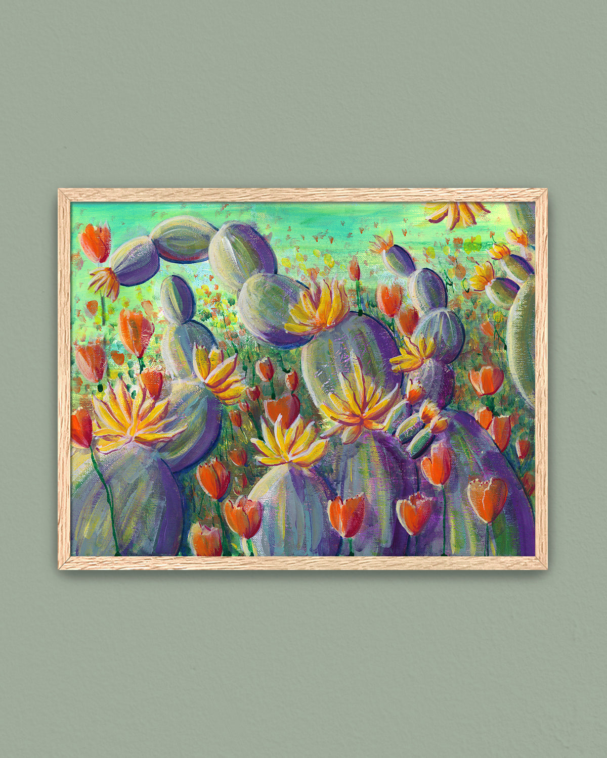 Flowering Cacti No. 002 framed art print featuring flowering cacti and poppies.