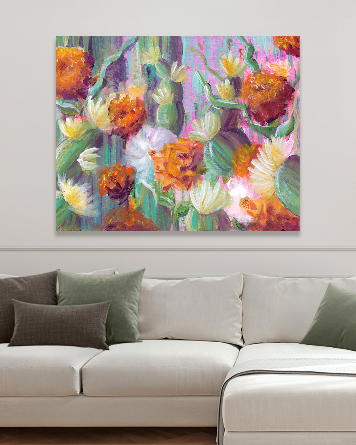 Flowering Cacti No. 003 canvas art print featuring flowering cacti. Mockup above a sofa in a living room.