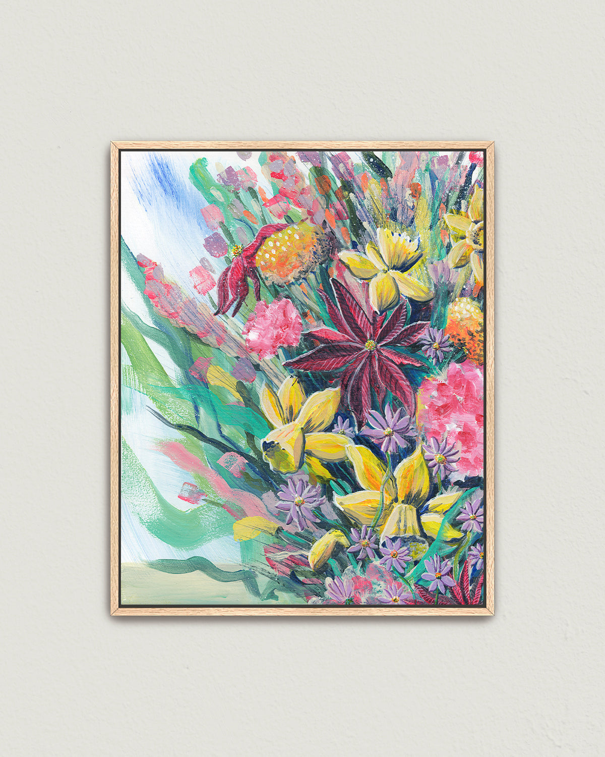 Bouquet No. 003 framed canvas art print featuring an assortment of birth vibrant birth month flowers including Carnations (January), Daffodils (March), Asters (September), Marigolds (October), and Poinsettias (December).