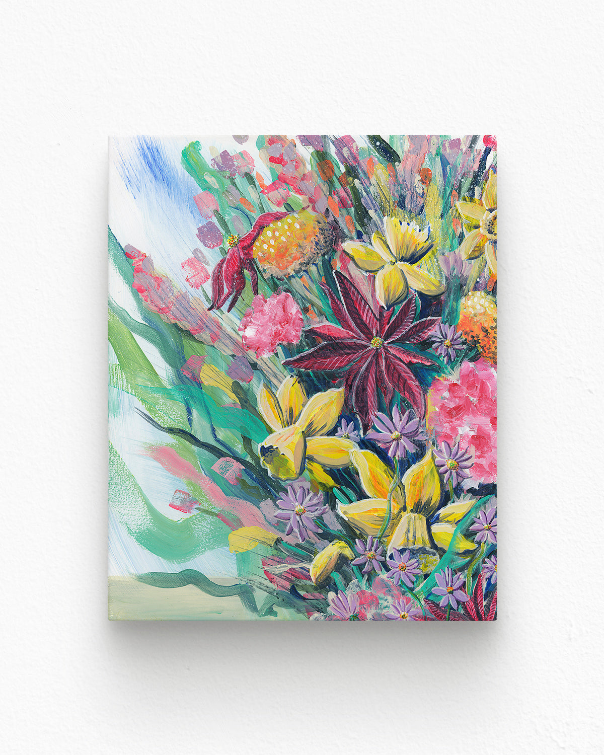 Bouquet No. 003 stretched canvas art print featuring an assortment of birth vibrant birth month flowers including Carnations (January), Daffodils (March), Asters (September), Marigolds (October), and Poinsettias (December).