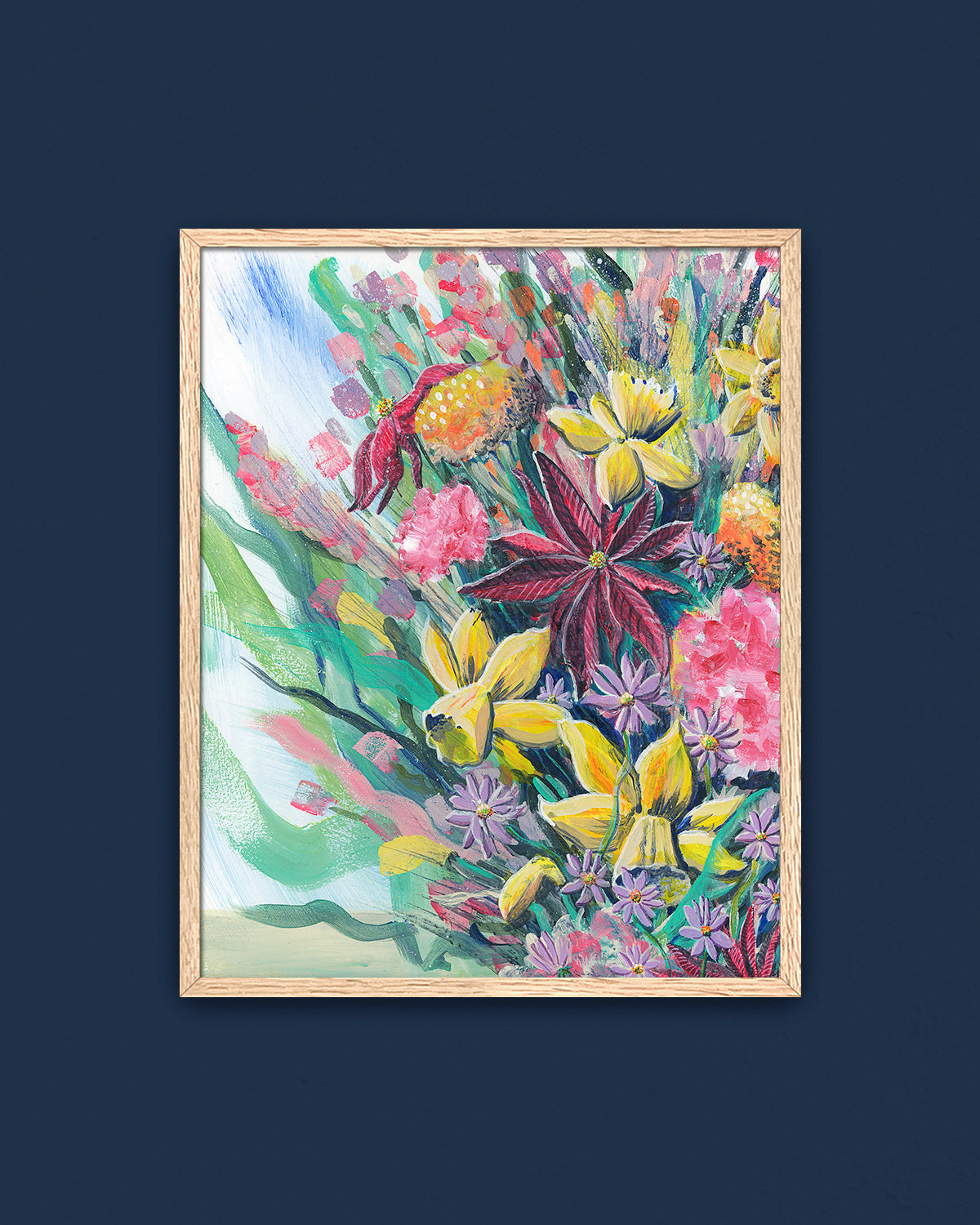 Bouquet No. 003 framed art print featuring an assortment of birth vibrant birth month flowers including Carnations (January), Daffodils (March), Asters (September), Marigolds (October), and Poinsettias (December).