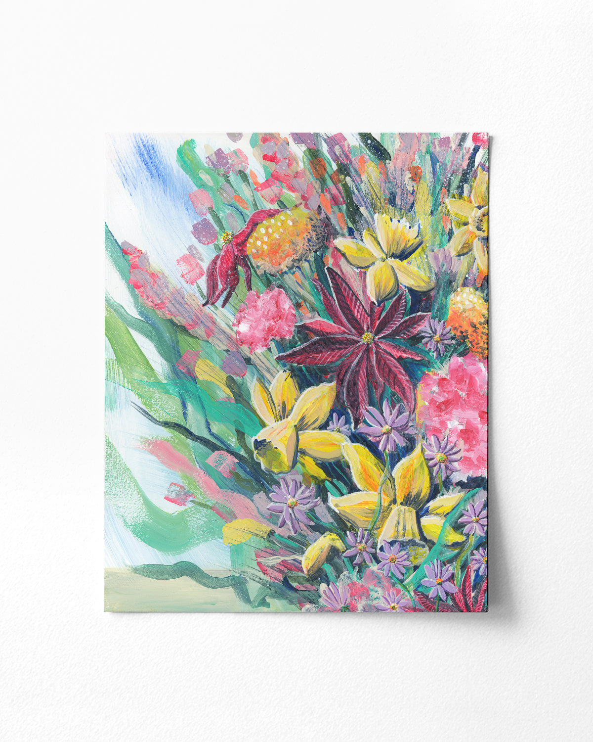 Bouquet No. 003 art print featuring an assortment of birth vibrant birth month flowers including Carnations (January), Daffodils (March), Asters (September), Marigolds (October), and Poinsettias (December).