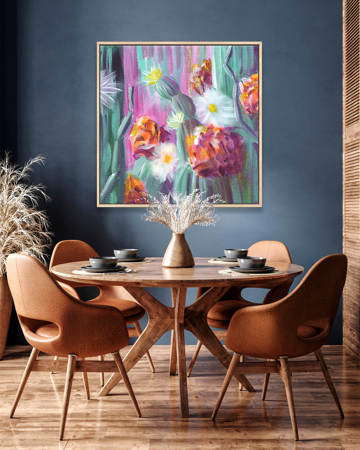 Flowering Cacti No. 005 framed canvas art print featuring flowering cacti. Mockup above a kitchen table.