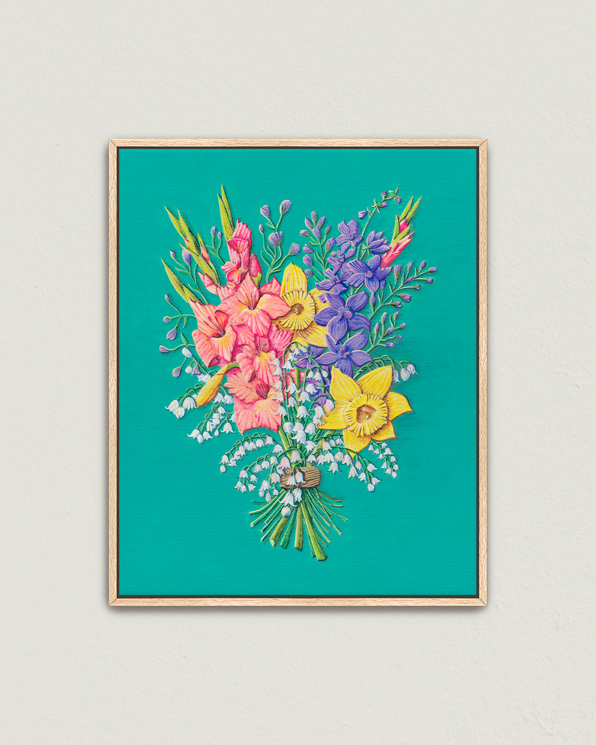 Colorful flower artwork by Jen Montgomery with a teal background