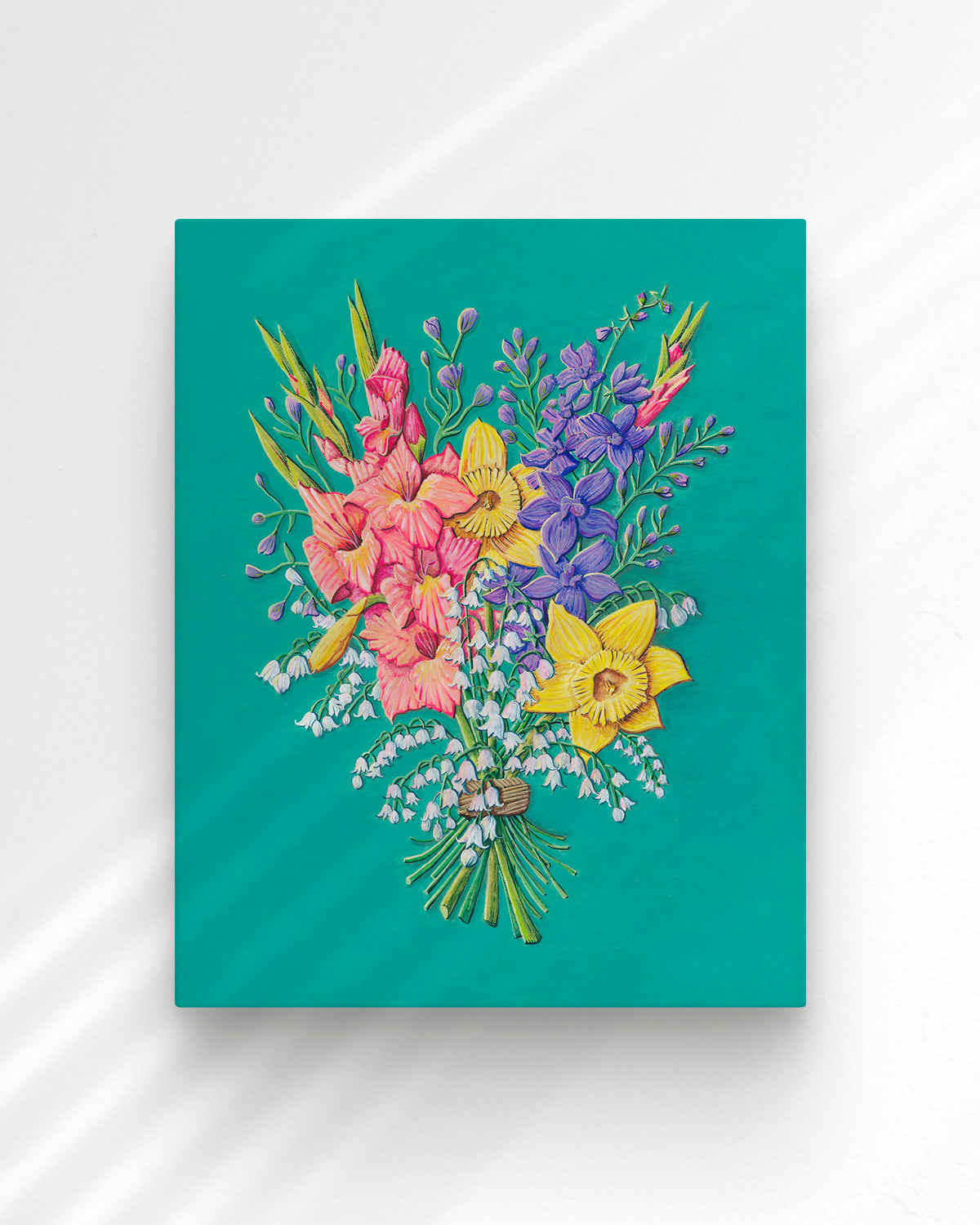 Colorful flower artwork by Jen Montgomery with a teal background