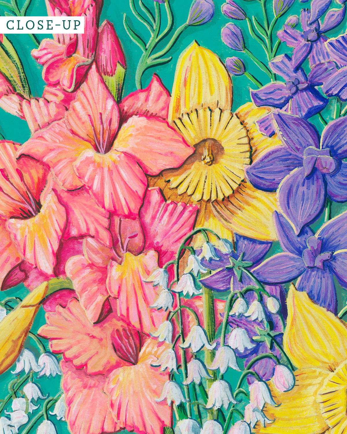 Close-up of a colorful flower artwork by Jen Montgomery with a teal background