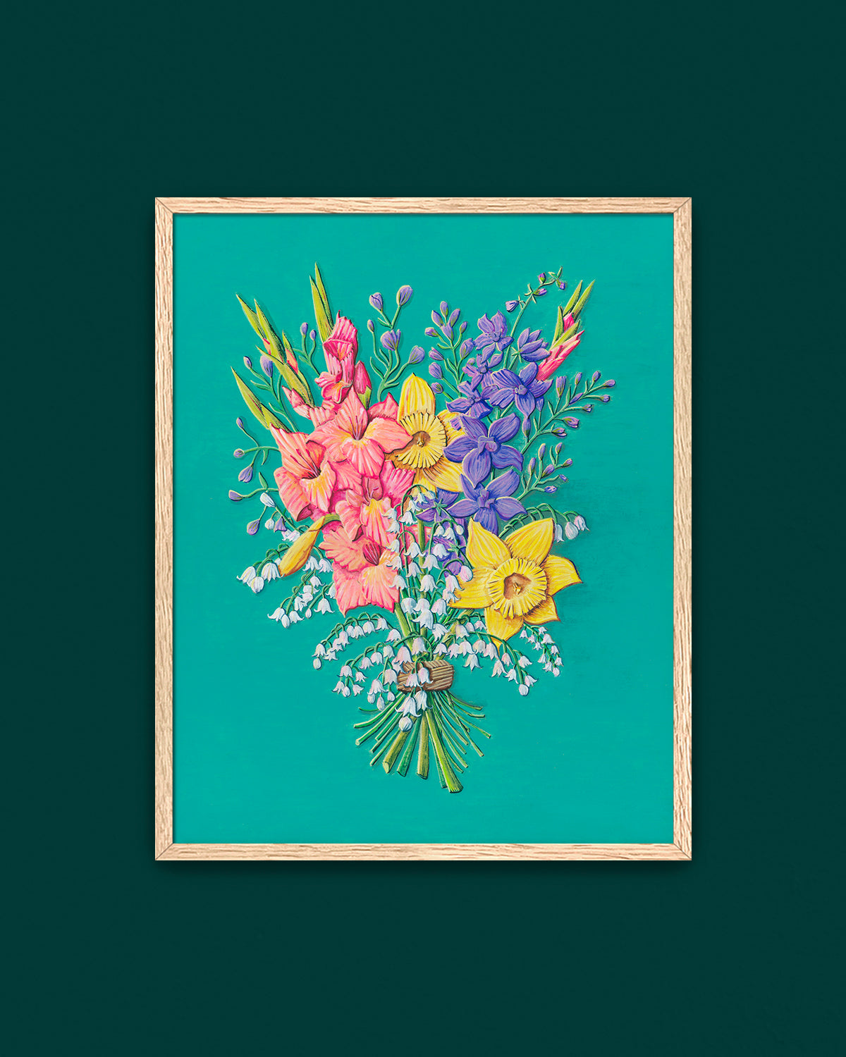 Colorful flower artwork by Jen Montgomery with a teal background