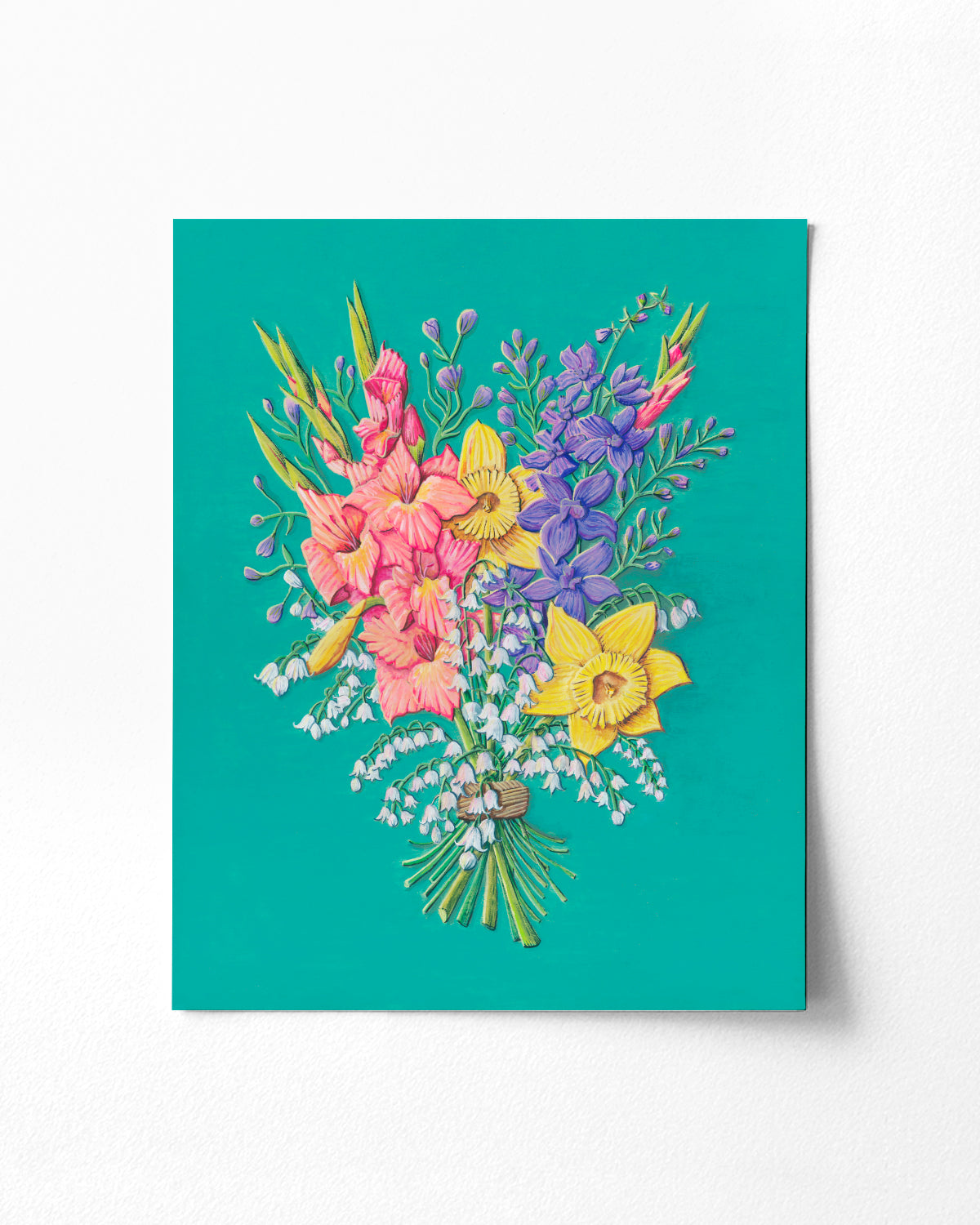 Colorful flower artwork by Jen Montgomery with a teal background