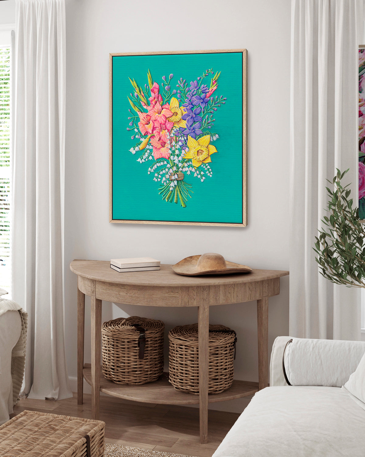Colorful flower artwork by Jen Montgomery with a teal background