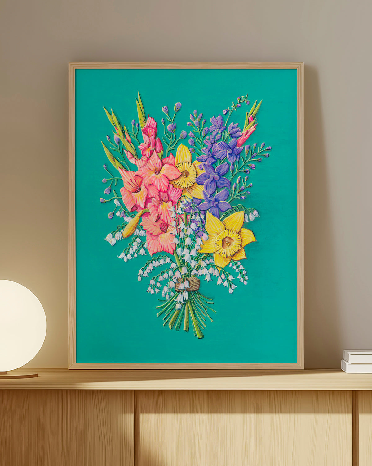 Colorful flower artwork by Jen Montgomery with a teal background
