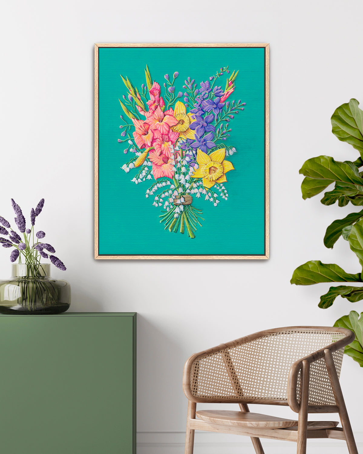 Colorful flower artwork by Jen Montgomery with a teal background