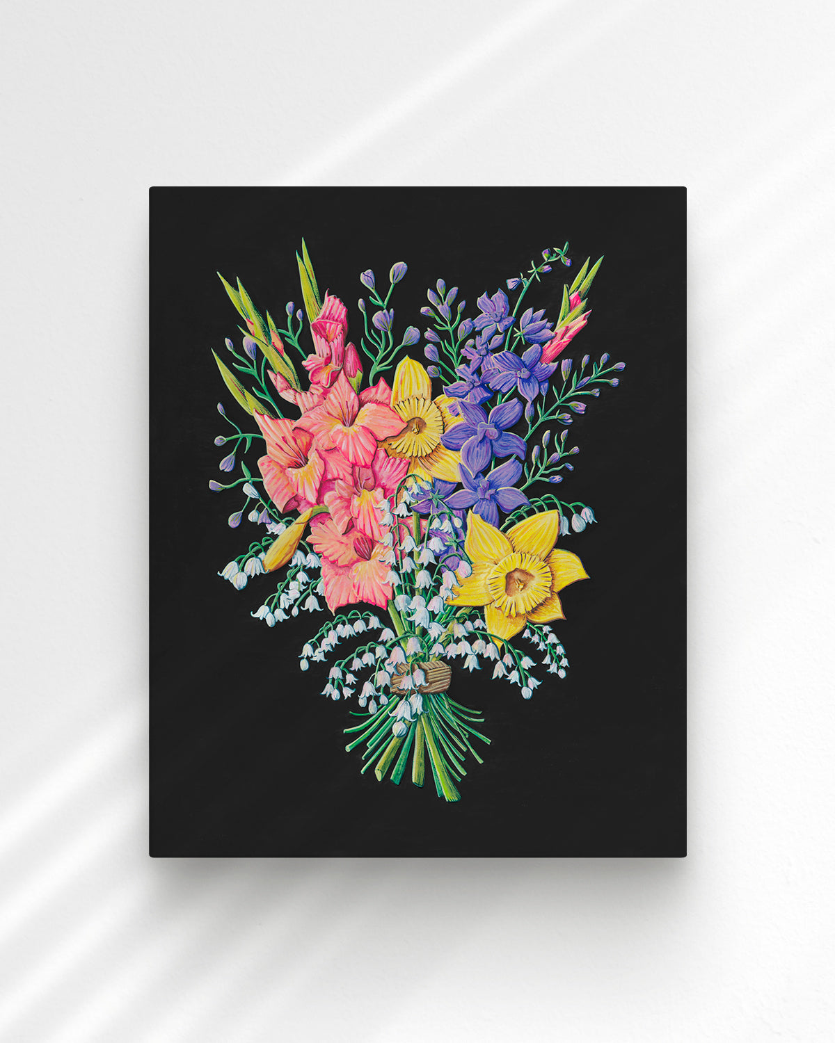 Colorful flower artwork by Jen Montgomery with a black background