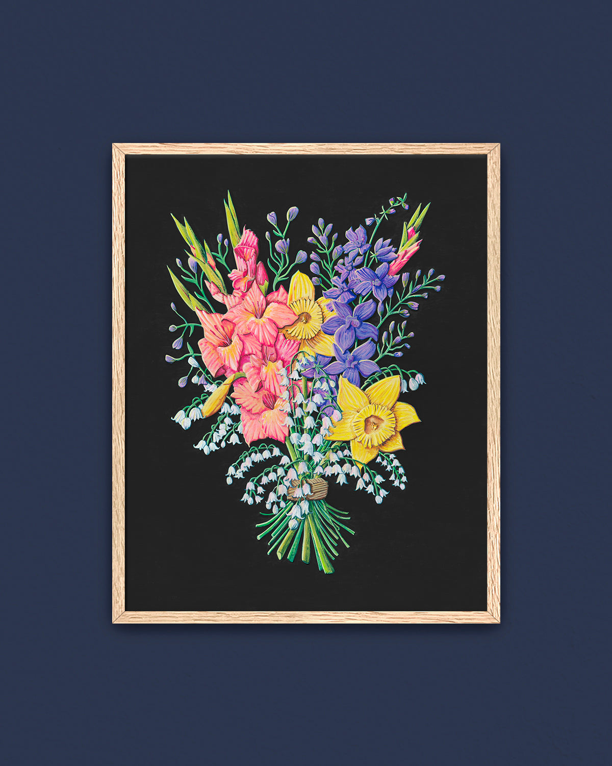 Framed artwork by Jen Montgomery of a colorful bouquet of flowers on a dark background
