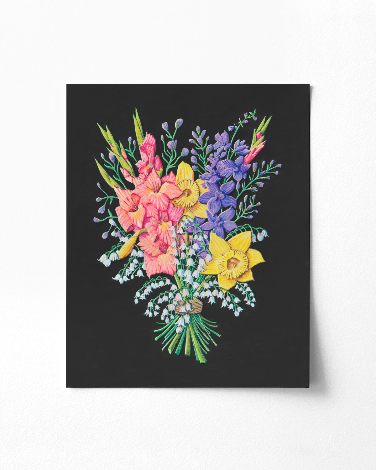 Colorful floral artwork by Jen Montgomery on a black background
