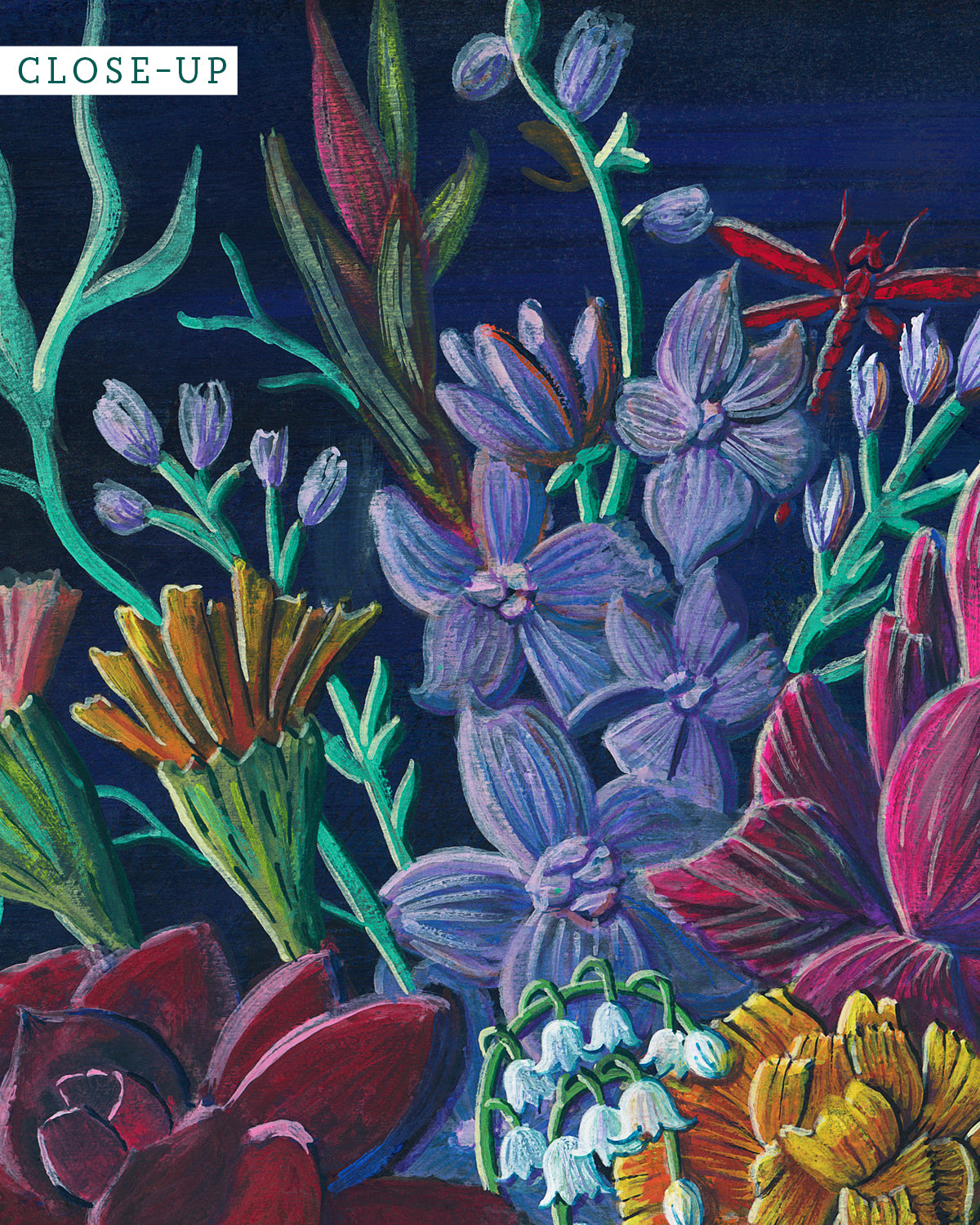 Close-up of Bouquet No. 002 framed fine art print featuring navy, red, purple, orange and white flowers.