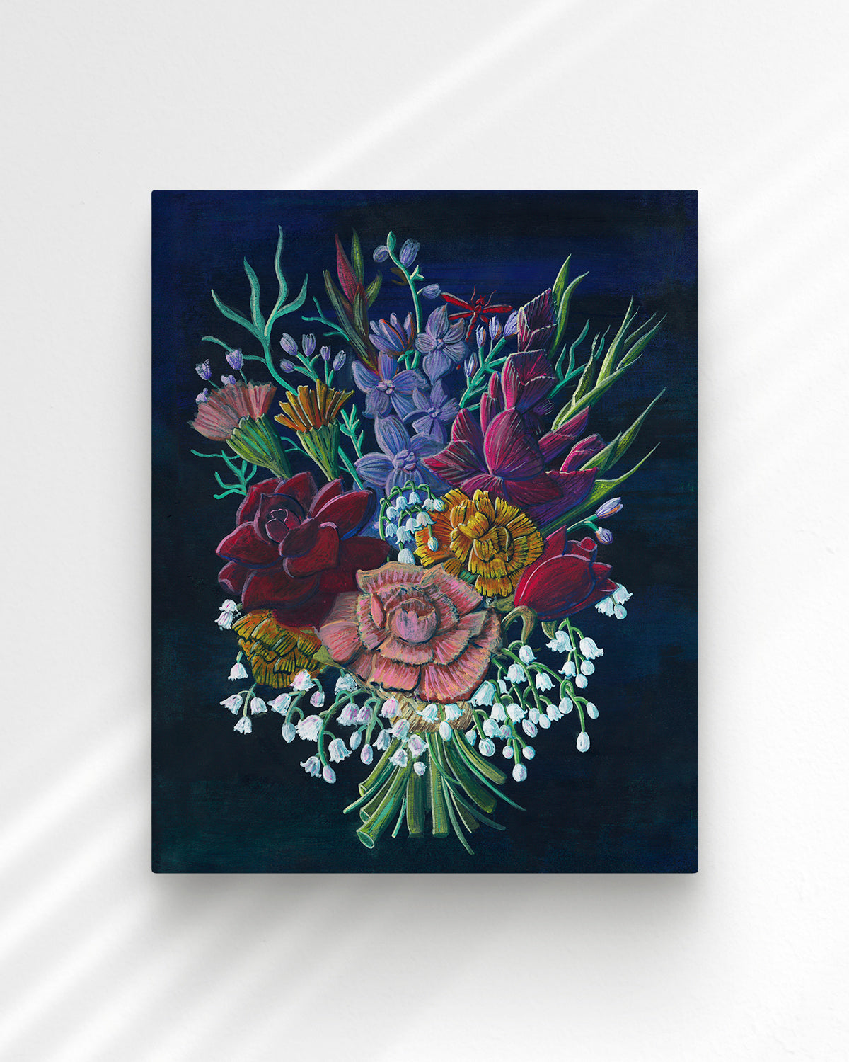 Bouquet No. 002 framed fine art print featuring navy, red, purple, orange and white flowers.