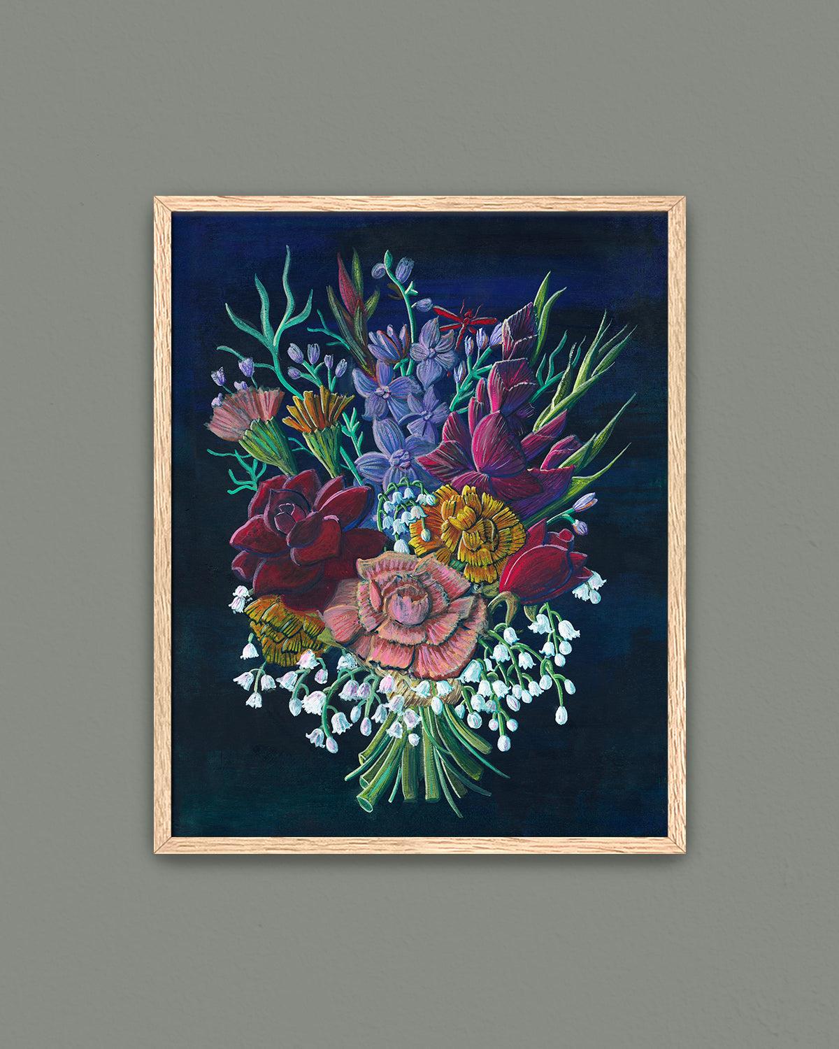 Bouquet No. 002 framed fine art print featuring navy, red, purple, orange and white flowers.