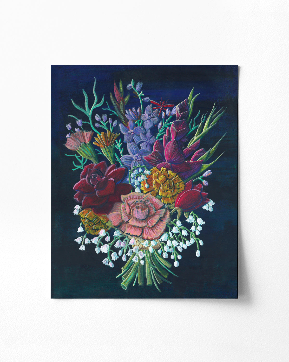 Bouquet No. 002 framed fine art print featuring navy, red, purple, orange and white flowers.