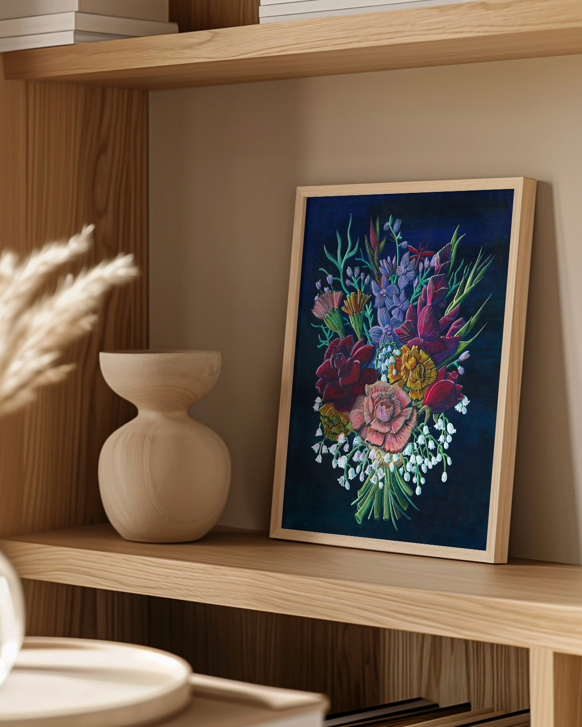 Bouquet No. 002 framed fine art print featuring navy, red, purple, orange and white flowers.