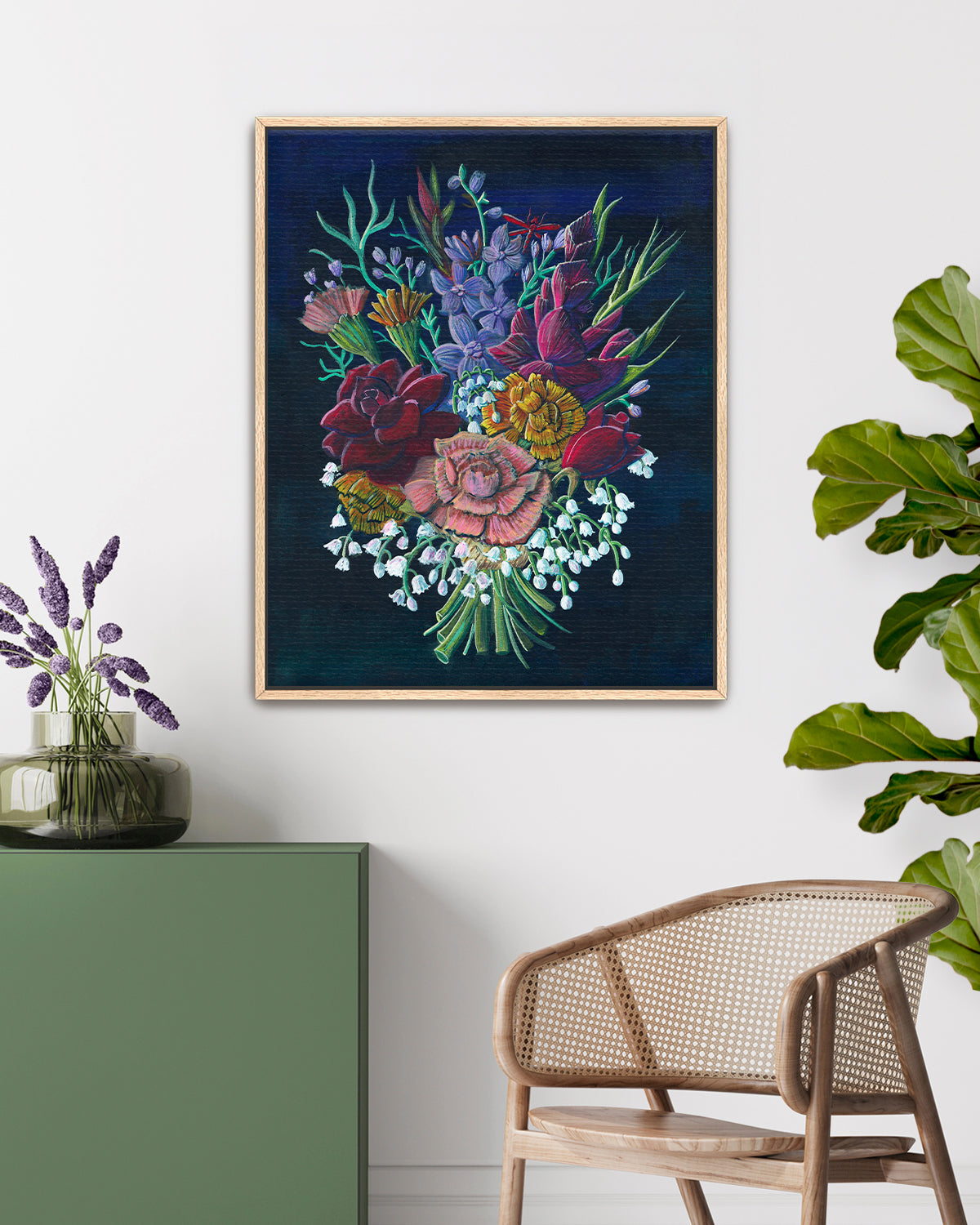 Bouquet No. 002 framed fine art print featuring navy, red, purple, orange and white flowers.
