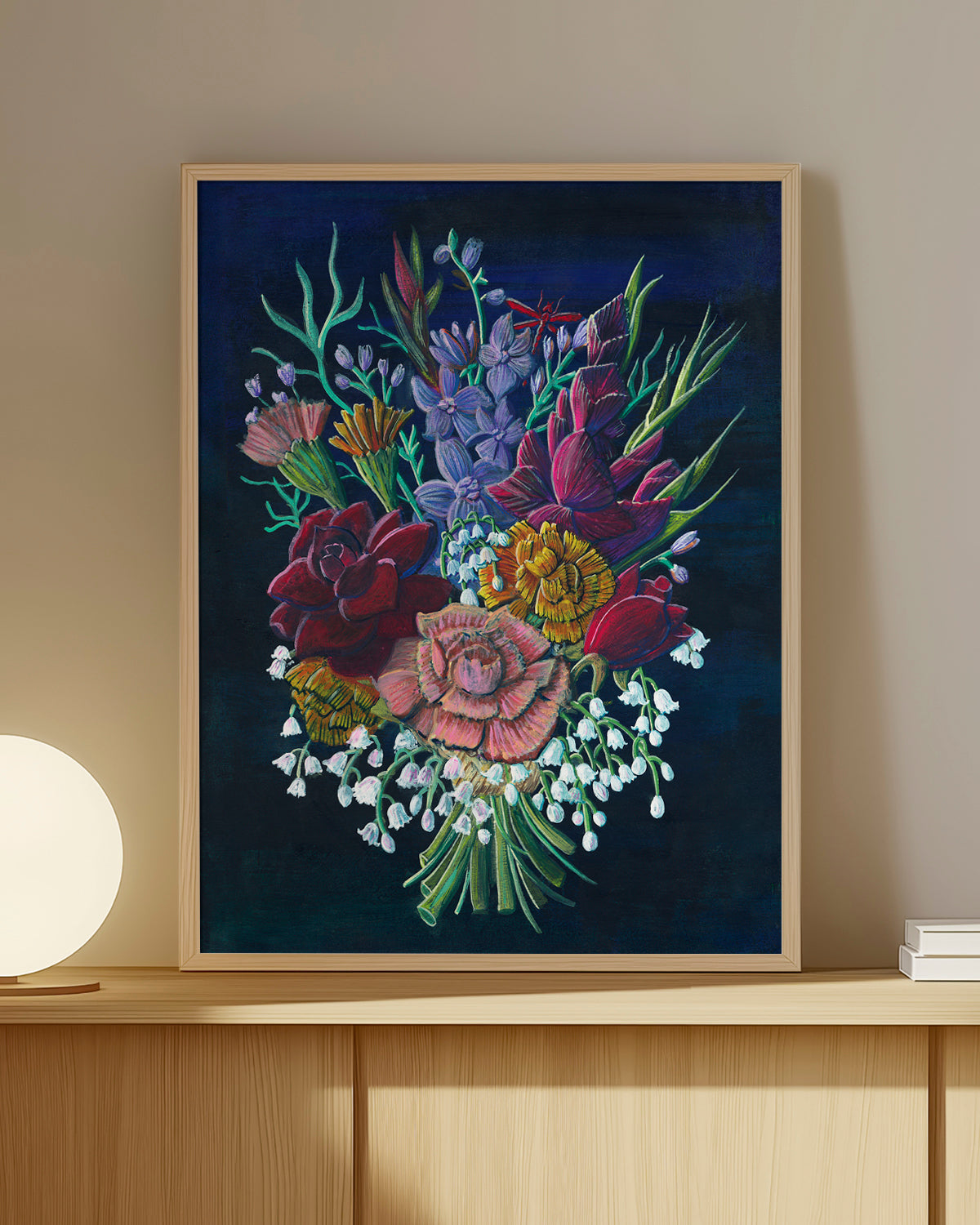 Bouquet No. 002 framed fine art print featuring navy, red, purple, orange and white flowers.