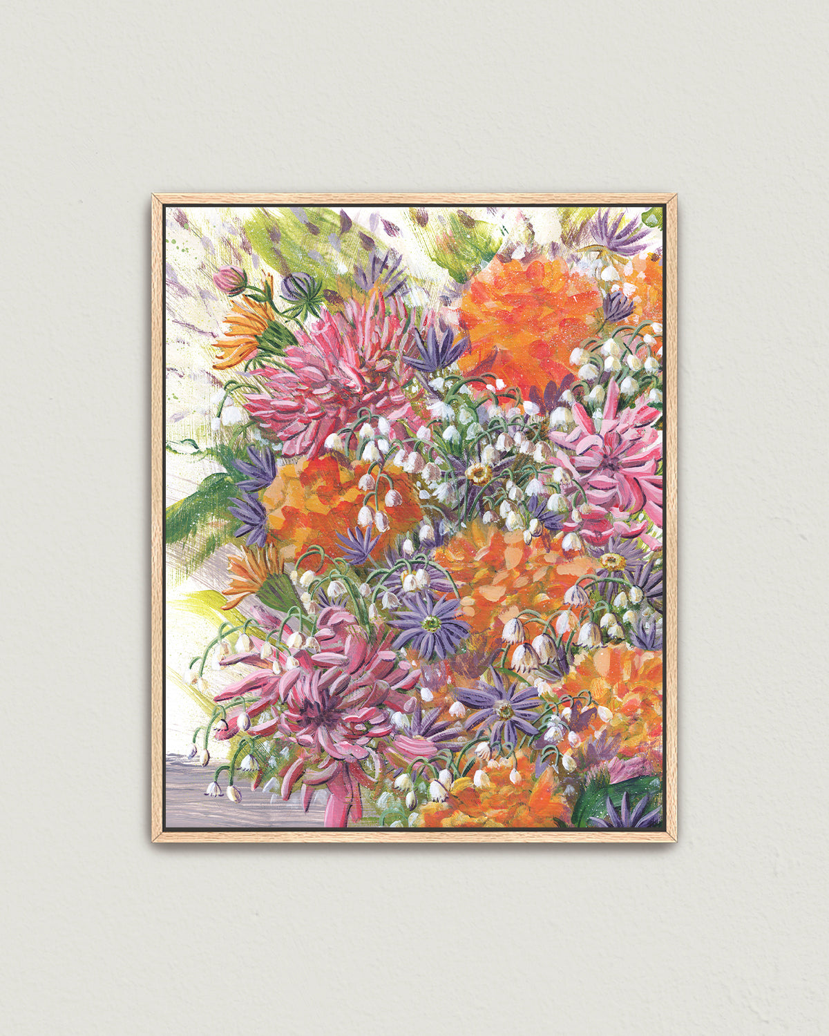 Bouquet No. 004 framed fine art print featuring pink, orange, purple and white.