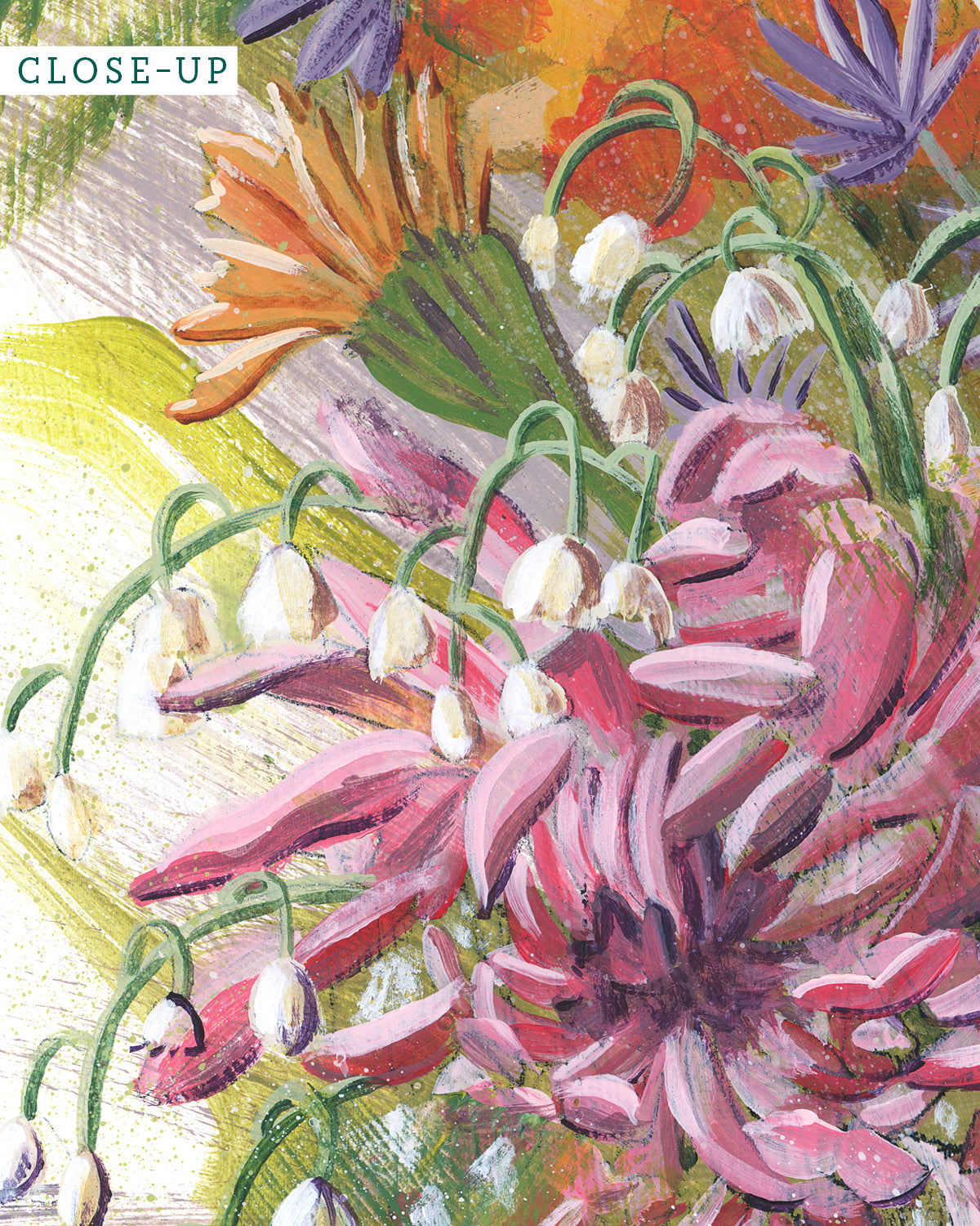 Close-up of Bouquet No. 004 framed fine art print featuring pink, orange, purple and white.