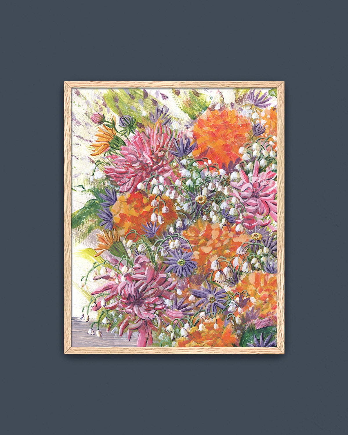 Bouquet No. 004 framed fine art print featuring pink, orange, purple and white.