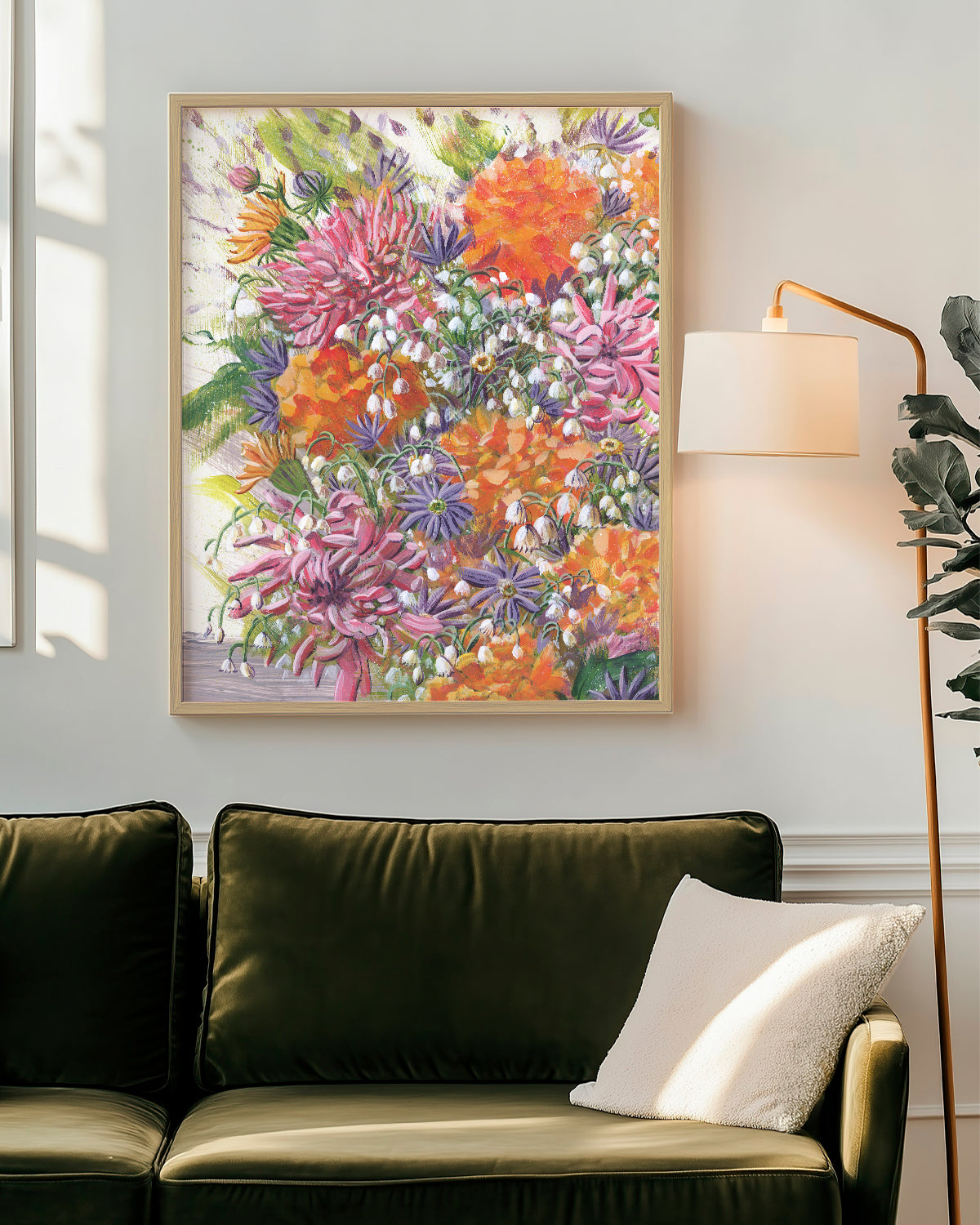 Bouquet No. 004 framed fine art print featuring pink, orange, purple and white.