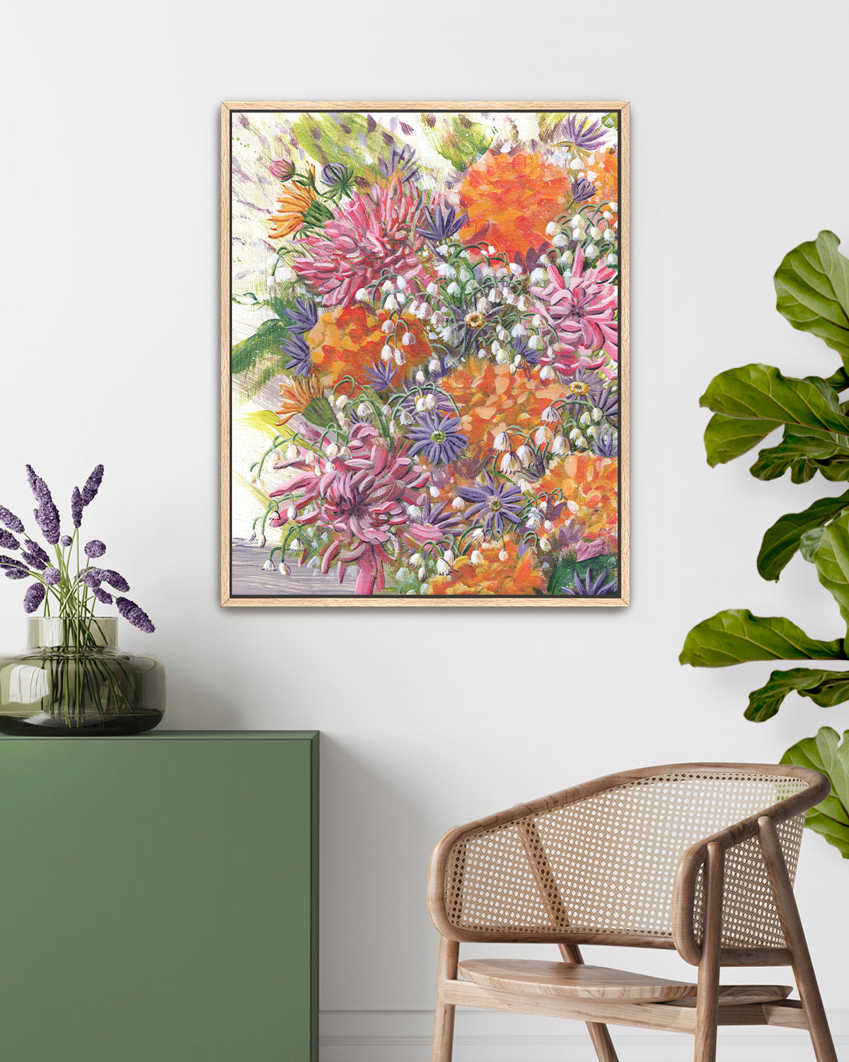 Bouquet No. 004 framed fine art print featuring pink, orange, purple and white.