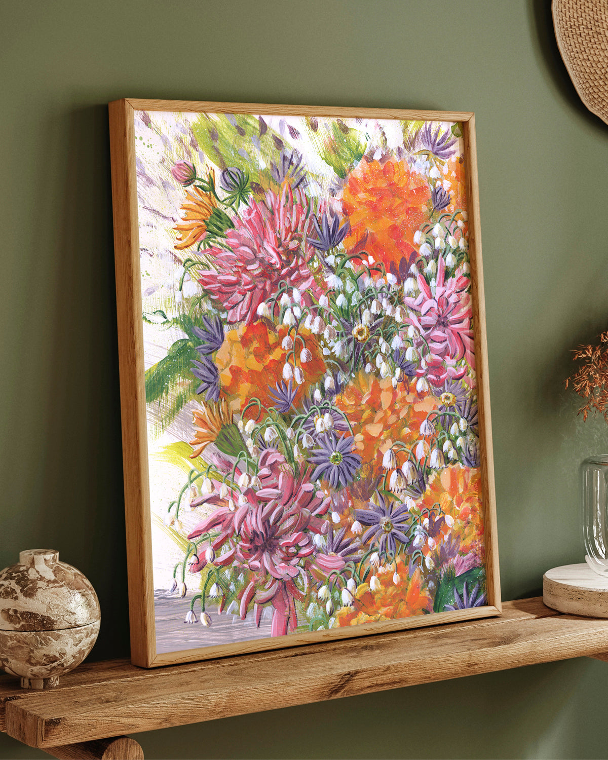 Bouquet No. 004 framed fine art print featuring pink, orange, purple and white.