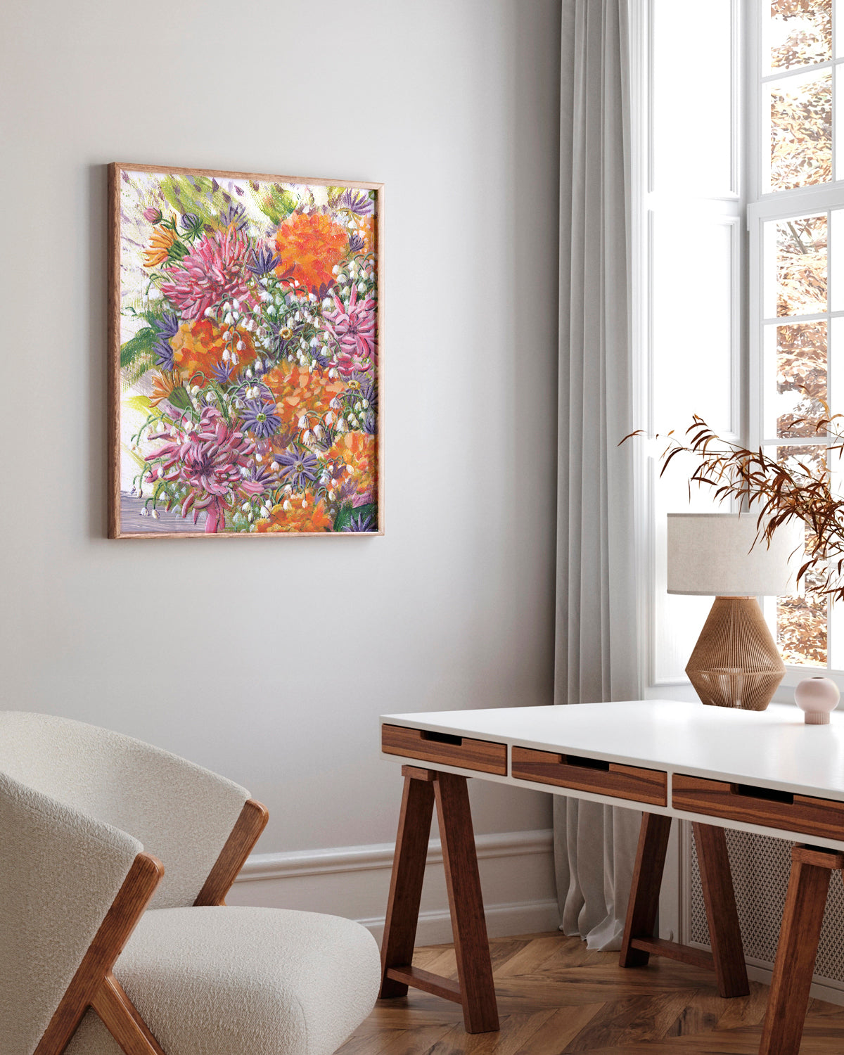 Bouquet No. 004 framed fine art print featuring pink, orange, purple and white.