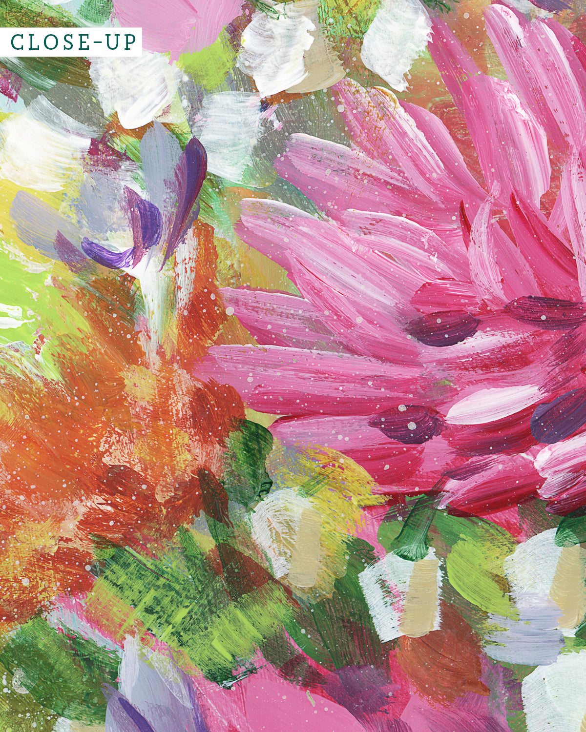 Close-up of a Bouquet No. 005, a colorful floral abstract painting with vibrant pink, green, and purple hues.