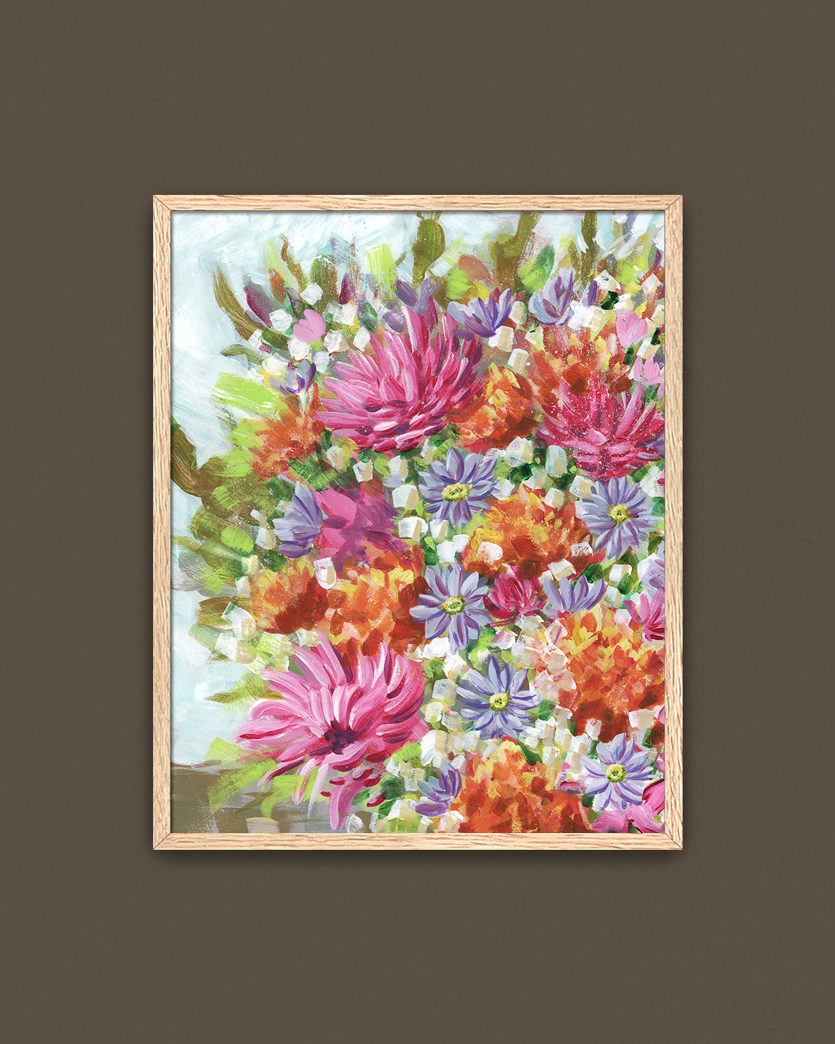 Bouquet No. 005 framed fine art print featuring vibrant pink, orange, and purple flowers