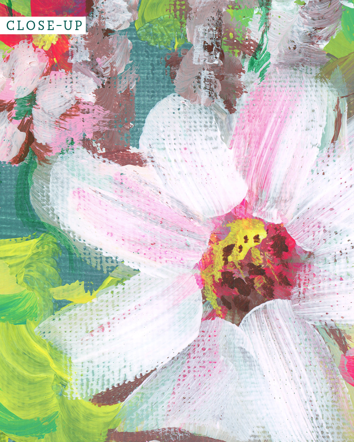 Close-up of Loose Florals No. 001 art print featuring an assortment of vibrant flowers in white, pink, teal and lime green.