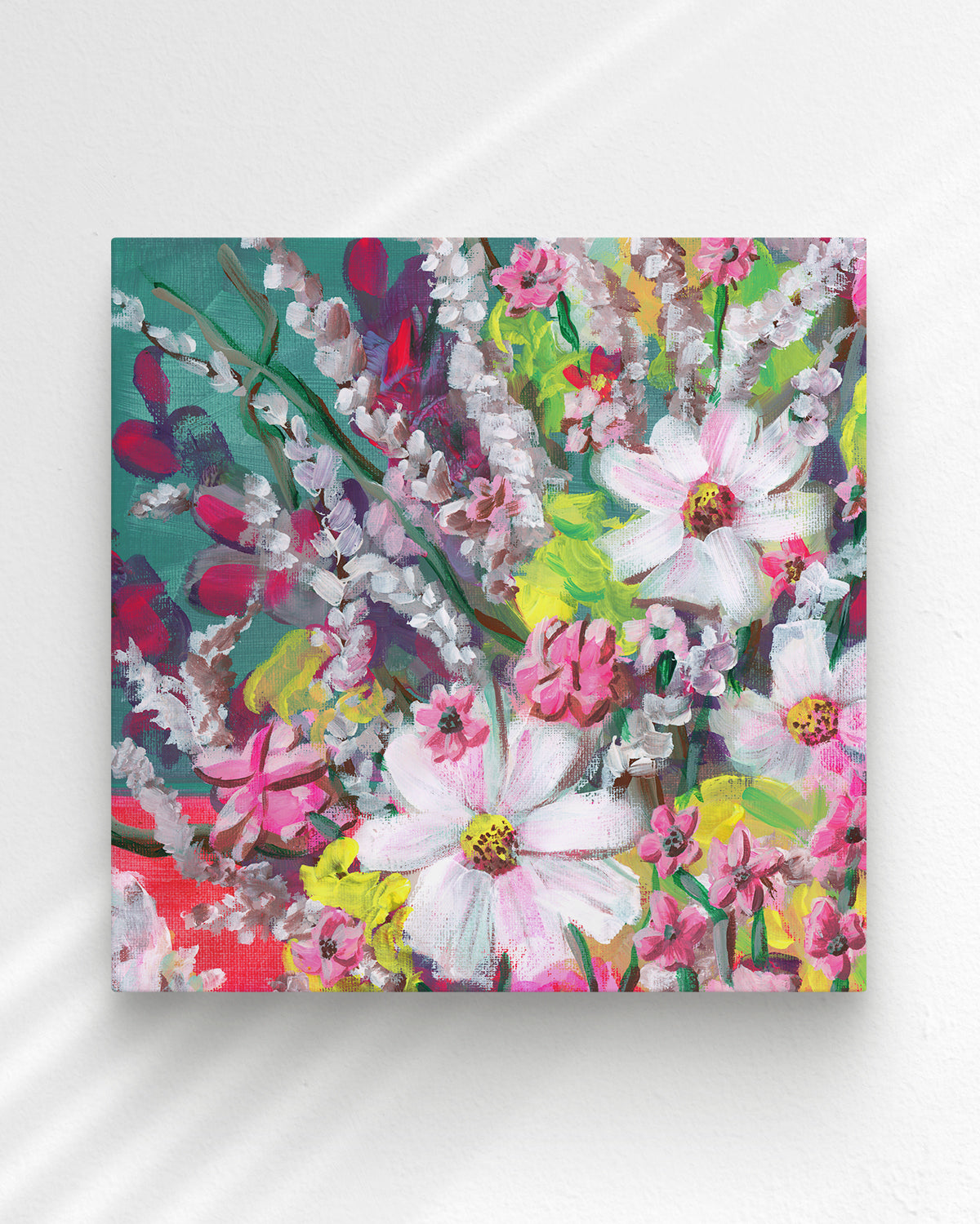 Loose Florals No. 001 canvas art print featuring an assortment of vibrant flowers in white, pink, teal and lime green.