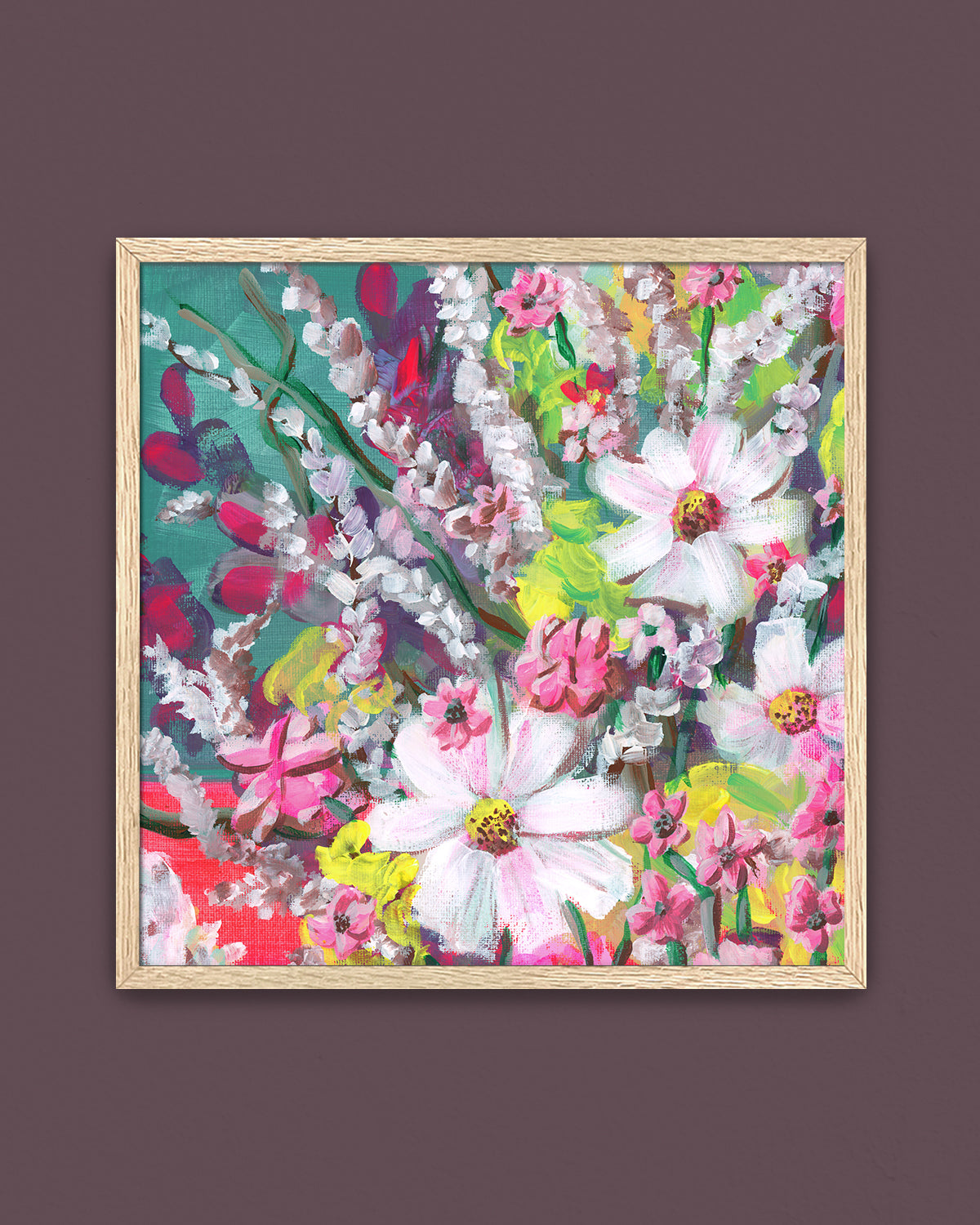 Loose Florals No. 001 framed art print featuring an assortment of vibrant flowers in white, pink, teal and lime green.
