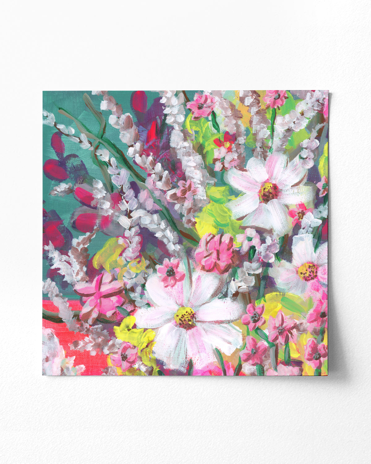 Loose Florals No. 001 art print featuring an assortment of vibrant flowers in white, pink, teal and lime green.