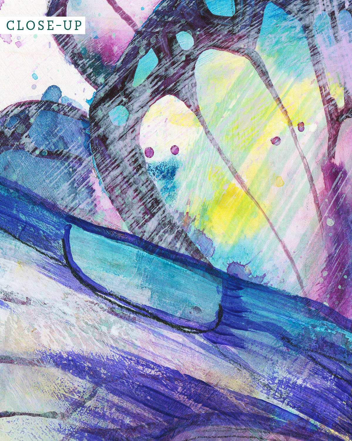 Close up of a painting called Surged Veil featuring butterfly wings from the point of view of being inside of a cocoon.