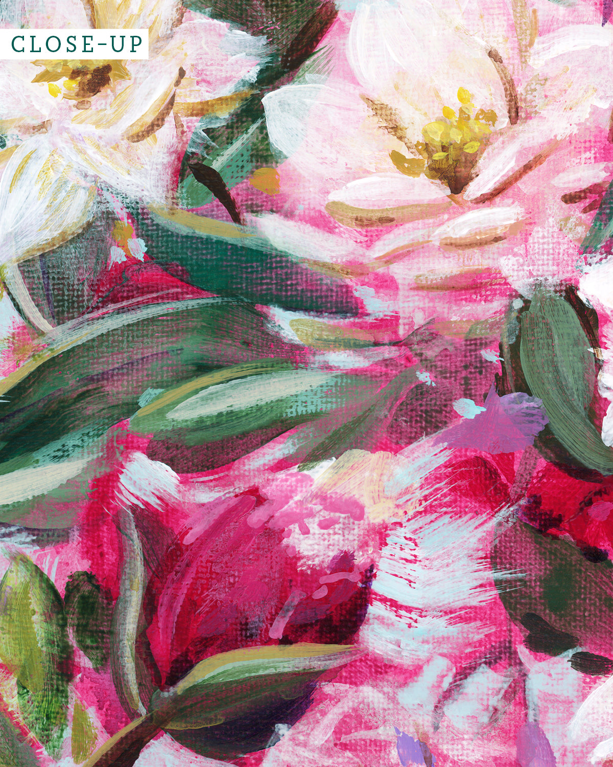 Close-up of Echoes in Bloom art print featuring Camellias and white tea roses.