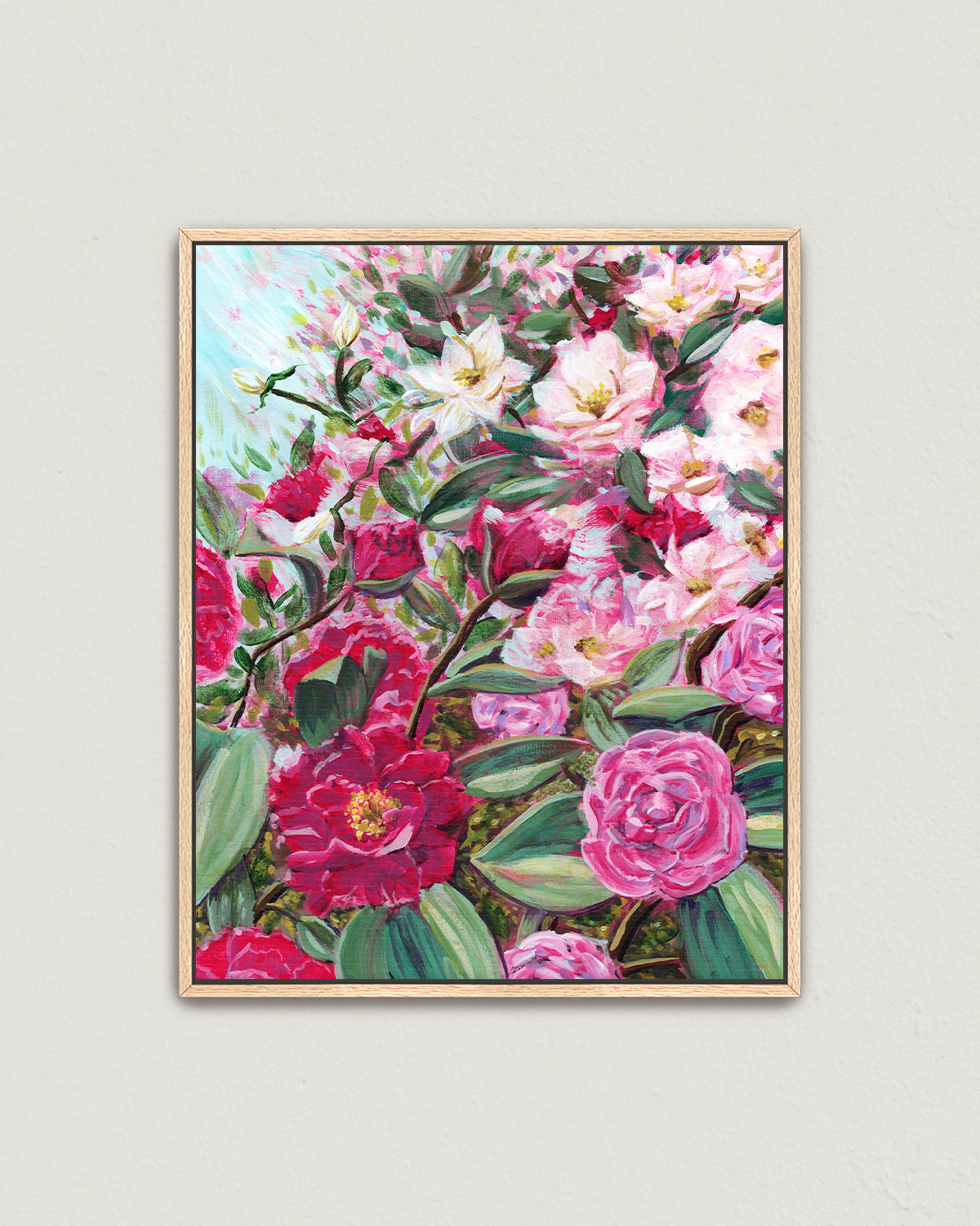 Echoes in Bloom framed canvas art print featuring Camellias and white tea roses.