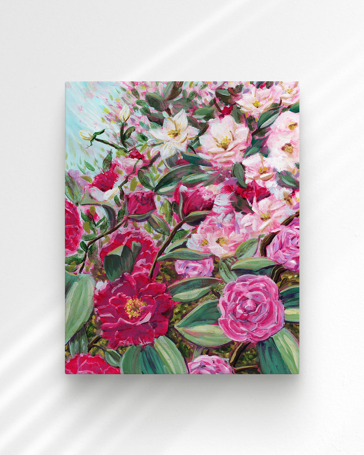 Echoes in Bloom stretched canvas art print featuring Camellias and white tea roses.